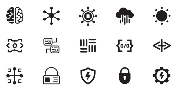Machine learning and data infrastructure solid icons set showing neural networks cloud rain and secure locks