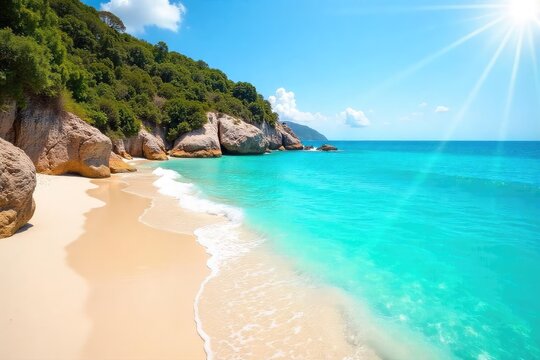 Sun-drenched coastal scene, vibrant turquoise water laps gently against sandy shore Perfect summer holiday escape Ideal for travel, vacation, and summer themes , relaxation, water