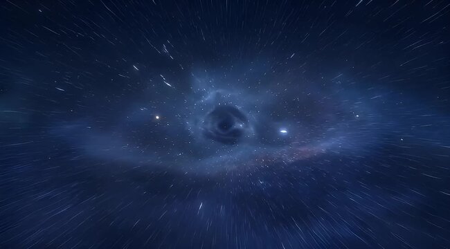 Dramatic representation of a black hole in space with converging light