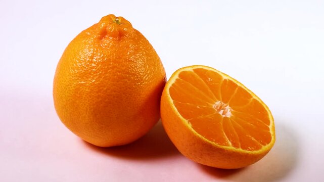 白背景で回転する瑞々しいデコポン1個と断面