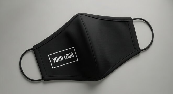 Black face mask with a white logo placeholder on gray background