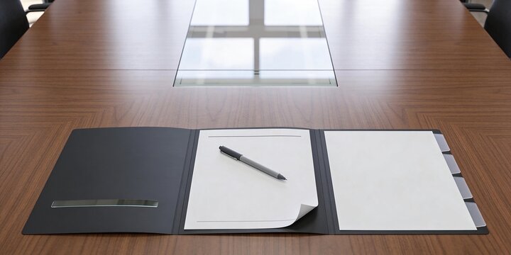 Premium boardroom review folder with blank executive summary sheet and pen on walnut conference table background