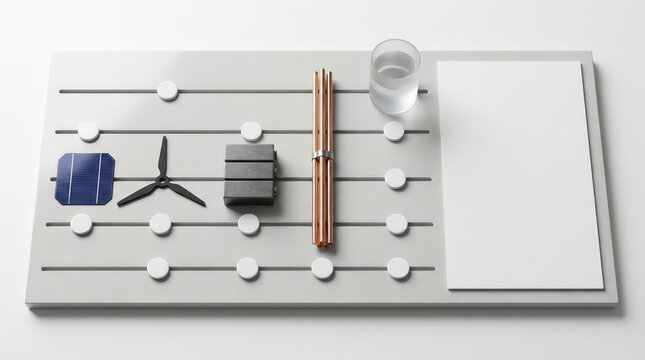 Sustainable solar and wind energy planning strategy board with photovoltaic panel, turbine, battery storage and grid materials in modern clean white copyspace for corporate report presentation cover