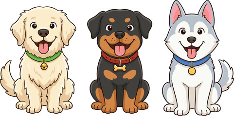 Cute cartoon dog characters set, golden retriever, rottweiler and husky puppy illustrations, adorable pet mascot collection, playful vector design for children © Md Obaydul Haque