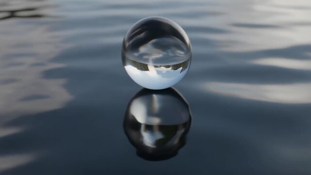 Crystal lens ball reflecting a landscape on rippling water surface