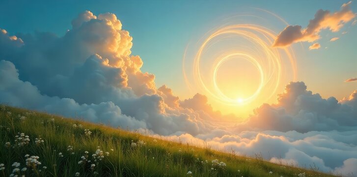 Serene landscape with ethereal, swirling wind creating a celestial, angelic effect in the clouds Perfect for fantasy, spirituality, or nature themes Shot at golden hour , vibrant, soft, heaven