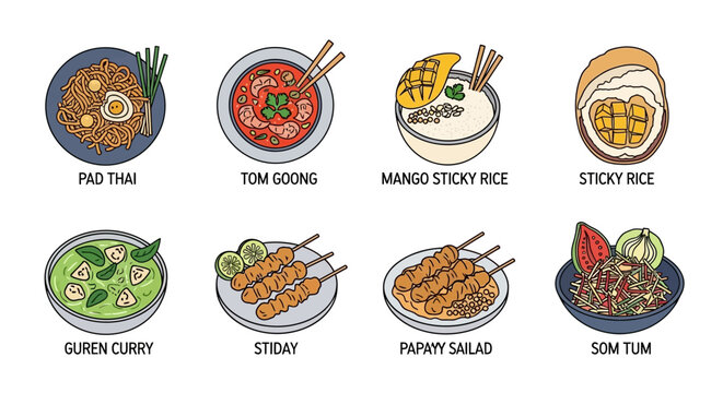 Delicious Thai food dishes with labels in a colorful illustration.