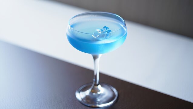 Icy frosty blue cocktail glass on a bar counter with crisp reflections and ice