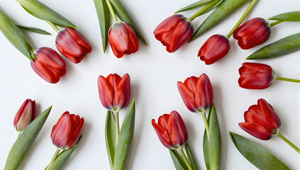 Obraz premium Crimson Tulips: A captivating arrangement of vibrant red tulips, their petals unfurling in graceful splendor against a plain backdrop, evoking feelings of beauty and renewal.