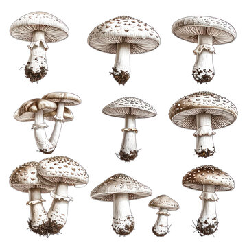 A detailed scientific illustration showcasing a diverse collection of white and brown mushrooms, meticulously rendered with intricate caps, gills, and stems against a stark black background.