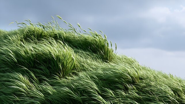 Abstract natural background of tall green grass bending and swaying violently in strong wind gusts against a dramatic cloudy sky with motion blur