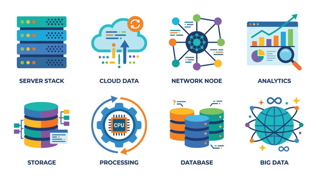 Vector graphics illustrating a modern server stack with cloud data storage and network node analytics.