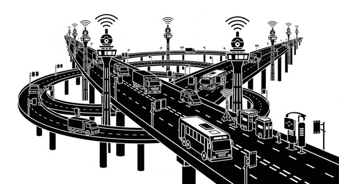 Futuristic Highway Overpass with Autonomous Vehicles and Wireless Connectivity.
