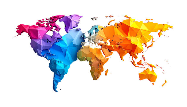 Polygonal world map illustration on black backdrop featuring colorful geometric shapes
