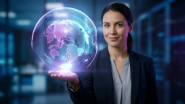A professional woman analyzes data on a laptop in a modern office, with subtle camera movements capturing her focused gestures and ambient office activity, evoking a realistic corporate atmosphere.