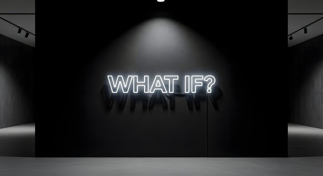 Neon Sign WHAT IF in Dark Gallery with Spotlights.