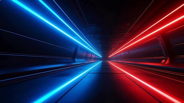 Neon light tunnel with blue and red lines