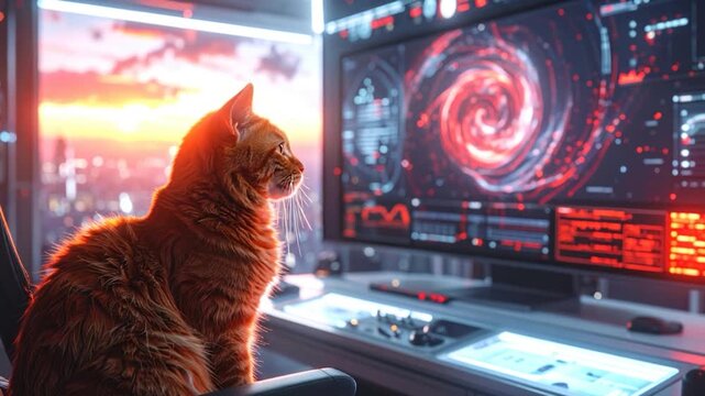 Cat observes data on a futuristic screen overlooking a city at sunset