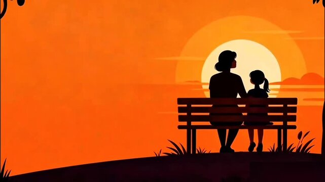 Happy mothers day, mother and daughter sitting on bench with sunset view on the sky
