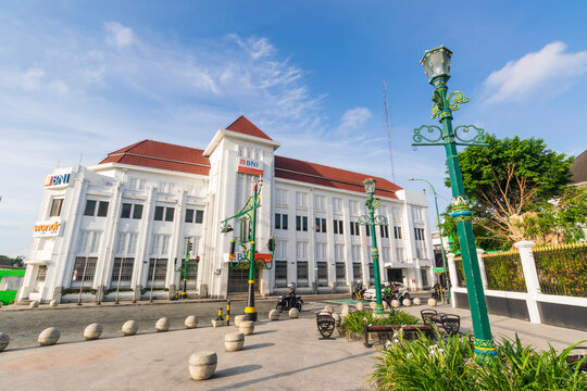 Yogyakarta - Indonesia, March 2026 : The historic BNI bank building with Dutch colonial architecture at the Zero Kilometer point area under a clear blue sky.