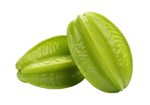 Two fresh star fruits, also known as carambola, isolated on transparent background, showcasing their unique star shape and vibrant green color