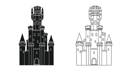 Detailed illustrations of fairytale castles presented in a striking black silhouette © MdShifulIslam