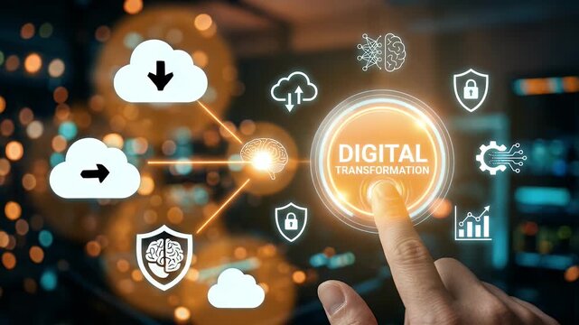 Engaging business professional analyzes data on a tablet with dynamic graphics, accompanied by a slow pan to create a cinematic, modern office atmosphere emphasizing digital marketing insights.