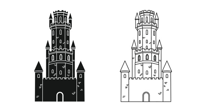 Two medieval towers depicted in a striking black and white silhouette