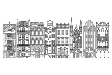 Obraz premium Urban architectural panorama: An intricate, grayscale line drawing presents a breathtaking panorama of diverse architectural styles. The artwork captures the details of buildings. 