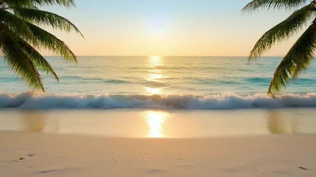 夕焼けに染まるビーチと水平線に沈む太陽、打ち寄せる波とヤシの木の葉のシルエット