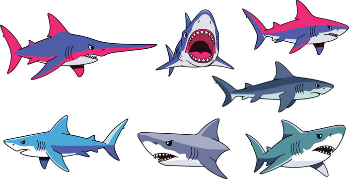 Angry Shark Vector Character Collection Featuring Great White Hammerhead and Sawfish Illustrations for Mascot Logos Gaming Graphics and Marine Life Education Designs