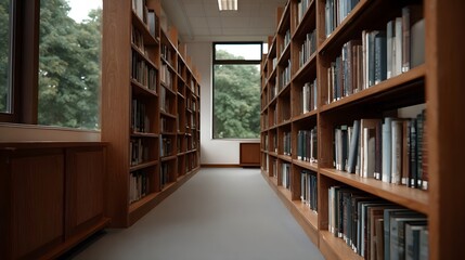 Obraz premium An empty library aisle lined with tall wooden bookshelves filled with books with natural light from a window overlooking green trees