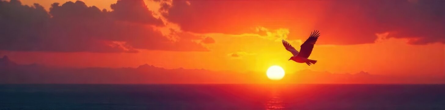 A lone bird takes flight against a vibrant sunset, symbolizing the unburdened spirit and liberation of free expression , independence, bird