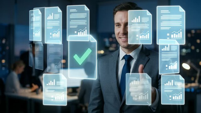 Capture a focused professional scene with a person typing on a laptop, accompanied by gentle ambient motion, slow pan camera movement, and a cinematic style, highlighting productivity and task complet