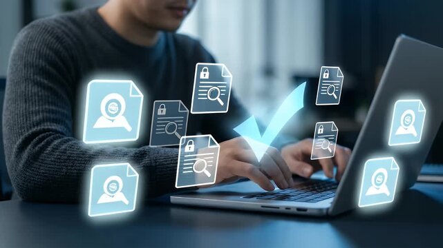 A focused professional collaborates in a modern workspace, engaging with a digital workflow interface as the camera gently pans, showcasing teamwork and productivity in a cinematic style.