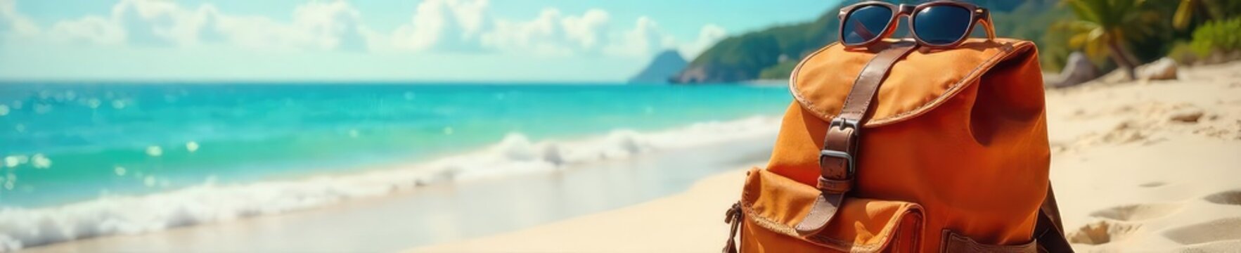A carefree backpack rests on a sun-drenched beach, sunglasses perched atop; a vibrant postcard of joyful exploration and wanderlust awaits , peaceful, holiday, sunshine