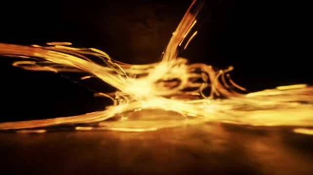 Vibrant orange and yellow digital light streams and particles swirl and evolve through an infinite dark void, forming intricate organic patterns. Cutting-edge technology concept