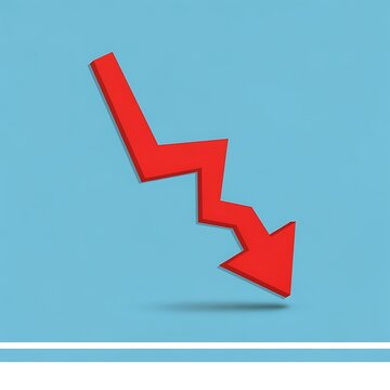 Red downward zigzag arrow on light blue background with shadow  downward trend concept  business and finance symbol