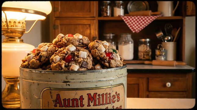 Vintage Aunt Millie's Cookies Overflowing From an Old Tin Container in a Rustic Kitchen Setting