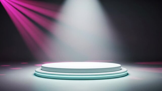 Pristine white circular podium, seamlessly illuminated on gray gradient studio with slow orbital tracking video, future-forward innovation concept.