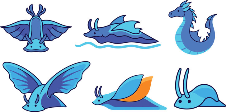 Blue Sea Slug and Nudibranch Vector Character Set Featuring Fantasy Aquatic Mollusks, Ocean Invertebrates, Marine Life Illustrations for Game Design, Stickers, and Educational Graphics