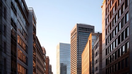 Fototapeta premium Sunlight illuminates the facades of modern skyscrapers in a bustling urban cityscape under a clear blue sky