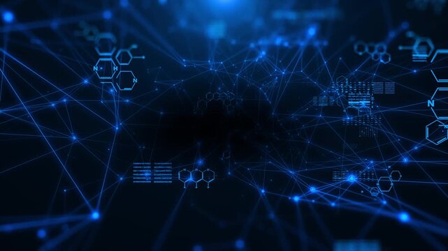 Abstract blue chemical futuristic structural health care formulas. Science geometric network cyberspace 4K motion background.