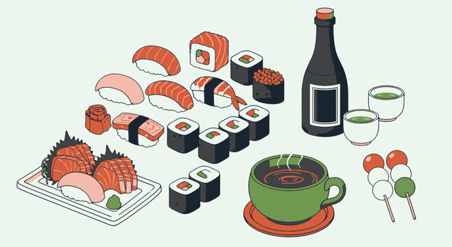 Japanese Food and Drink Assortment with Sushi Sashimi Sake and Green Tea