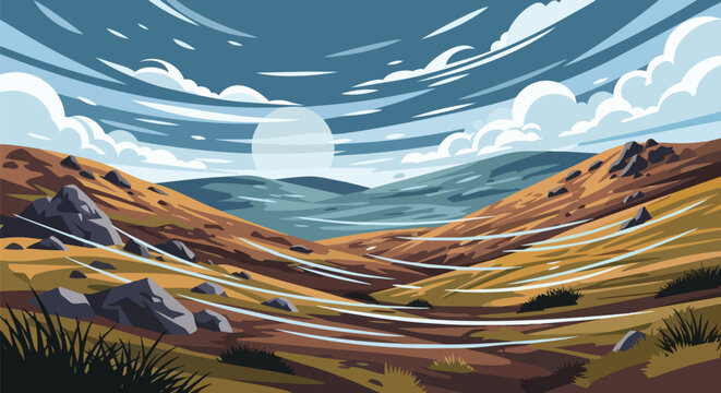 Dynamic highland landscape illustration with wind sweeping across rocky hills under a vast sky