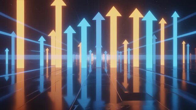 Futuristic digital landscape with glowing blue and orange arrows rising and reflecting in vibrant 4K
