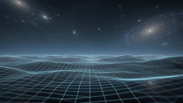 Futuristic digital ocean with glowing grid waves under a starry night sky in 4K resolution