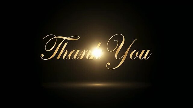 Glowing golden thank you script with firefly light effect on dark background elegant 4K video animation