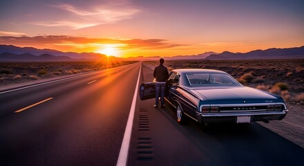 Obraz premium Man standing by classic car on desert road at sunset.