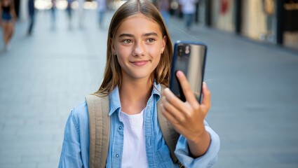 Teen girl posting travel story on smartphone while walking along busy street